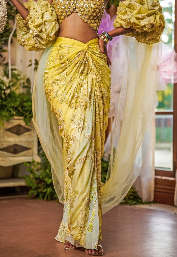 Yellow And Aqua Blue Ombre Embroidered Draped Skirt Set Moledro - Fabilicious Fashion