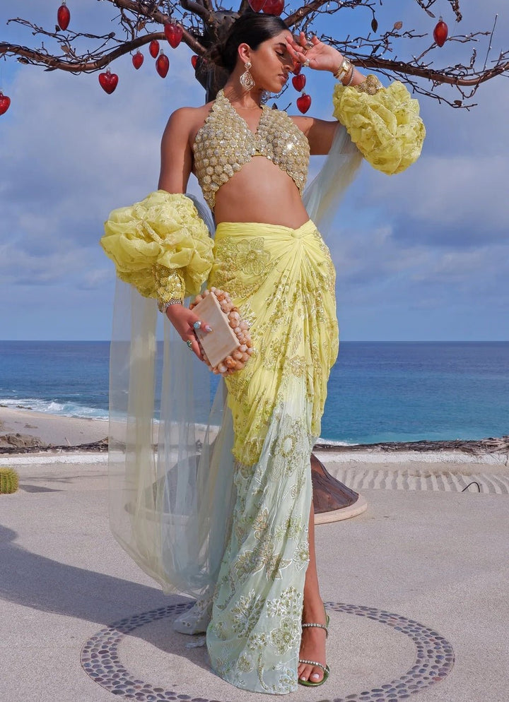Yellow And Aqua Blue Ombre Embroidered Draped Skirt Set Moledro - Fabilicious Fashion