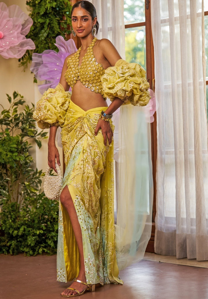 Yellow And Aqua Blue Ombre Embroidered Draped Skirt Set Moledro - Fabilicious Fashion