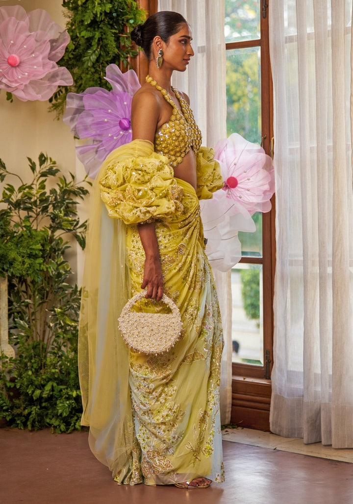 Yellow And Aqua Blue Ombre Embroidered Draped Skirt Set Moledro - Fabilicious Fashion