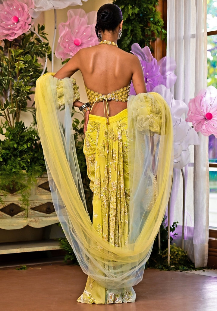 Yellow And Aqua Blue Ombre Embroidered Draped Skirt Set Moledro - Fabilicious Fashion