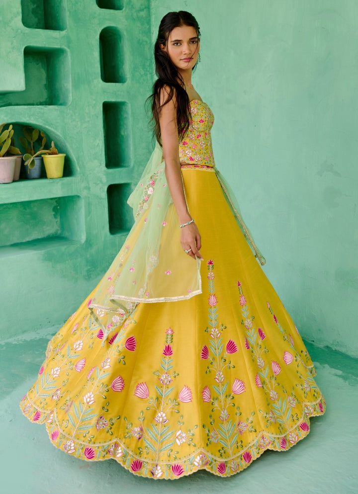 Yellow And Green Silk Embroidered Lehenga Set Chamee and Palak - Fabilicious Fashion