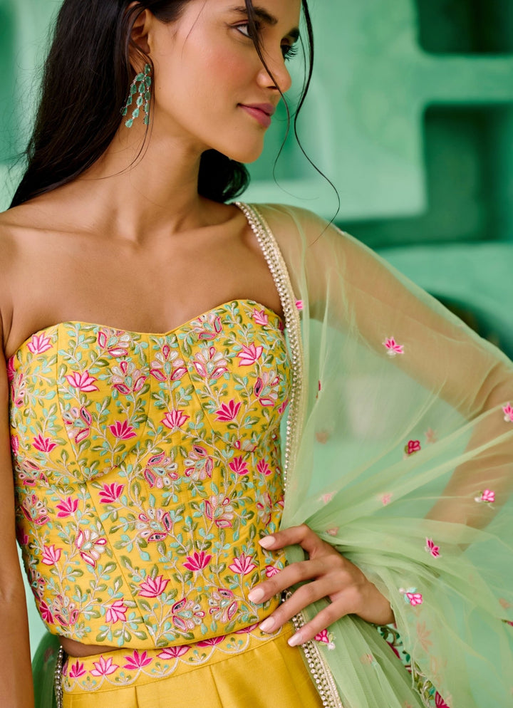 Yellow And Green Silk Embroidered Lehenga Set Chamee and Palak - Fabilicious Fashion