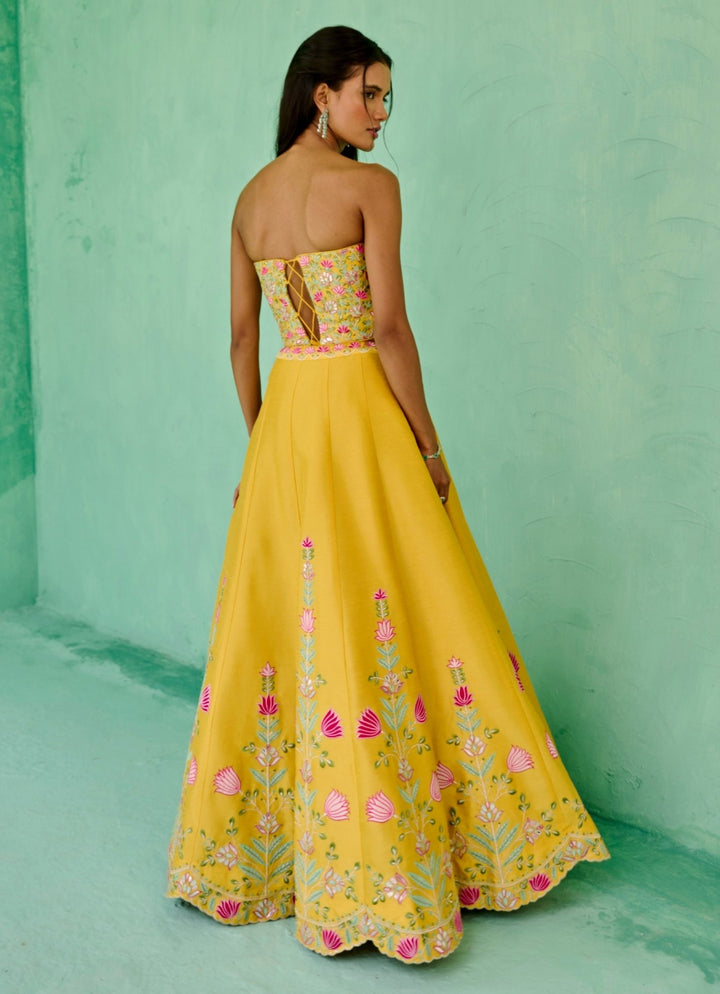 Yellow And Green Silk Embroidered Lehenga Set Chamee and Palak - Fabilicious Fashion