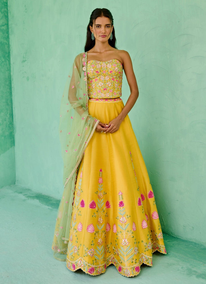 Yellow And Green Silk Embroidered Lehenga Set Chamee and Palak - Fabilicious Fashion