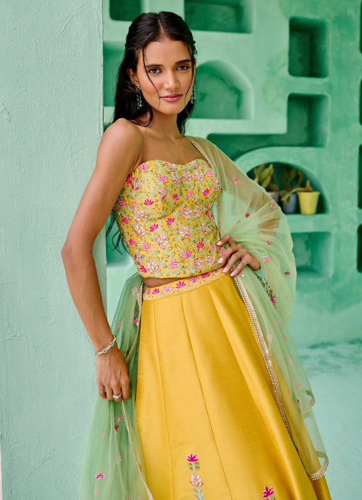 Yellow And Green Silk Embroidered Lehenga Set Chamee and Palak - Fabilicious Fashion