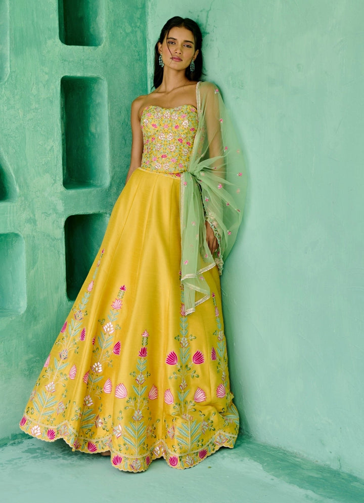 Yellow And Green Silk Embroidered Lehenga Set Chamee and Palak - Fabilicious Fashion