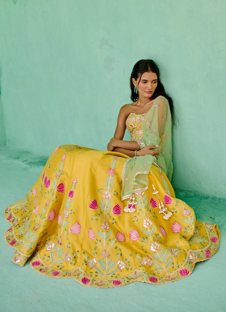 Yellow And Green Silk Embroidered Lehenga Set Chamee and Palak - Fabilicious Fashion