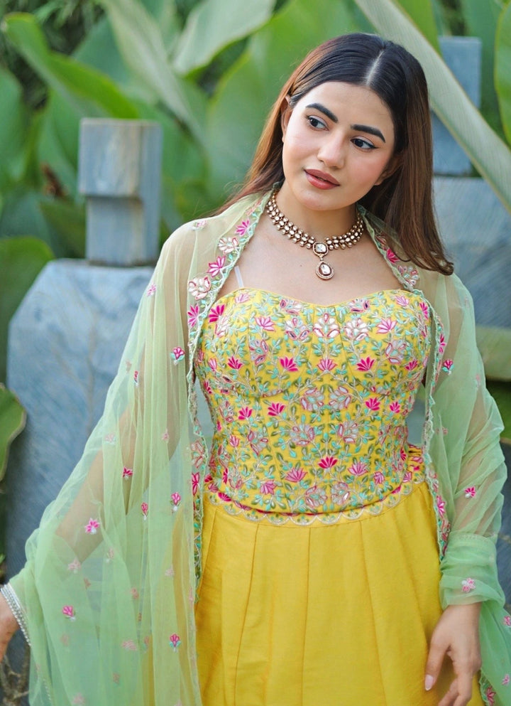 Yellow And Green Silk Embroidered Lehenga Chamee and Palak - Fabilicious Fashion