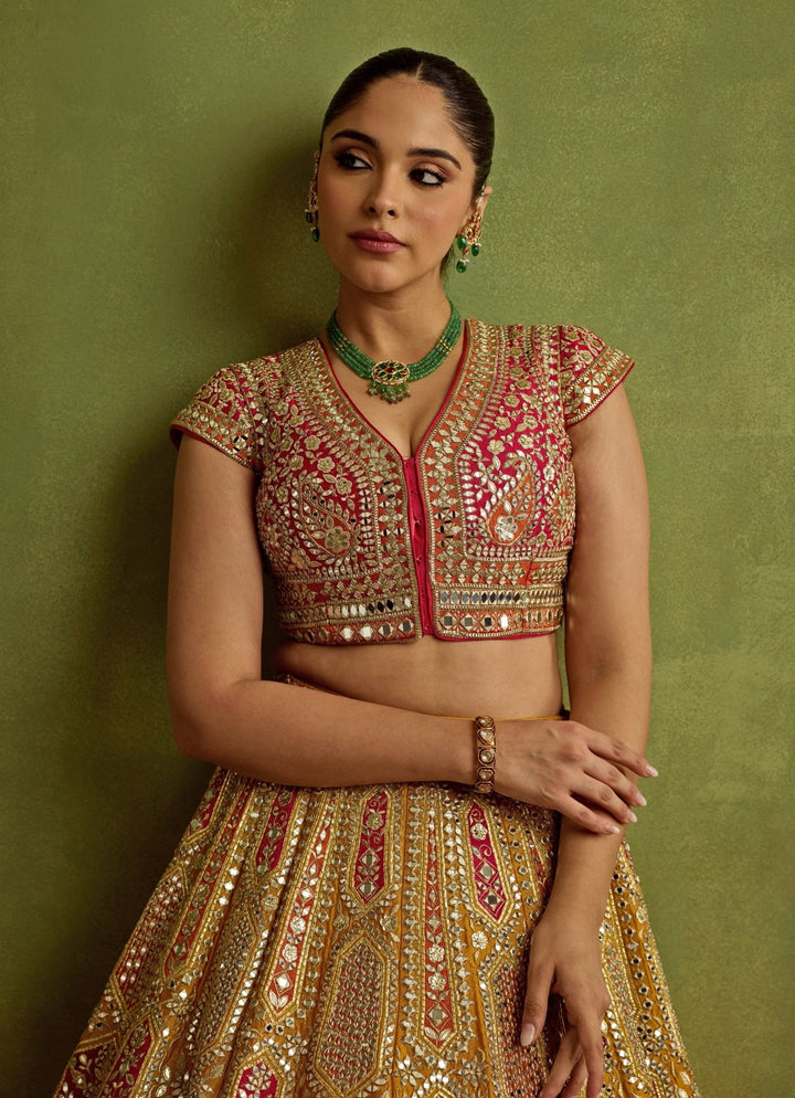 Yellow And Red Mirror Embroidered Silk Lehenga Suhino - Fabilicious Fashion
