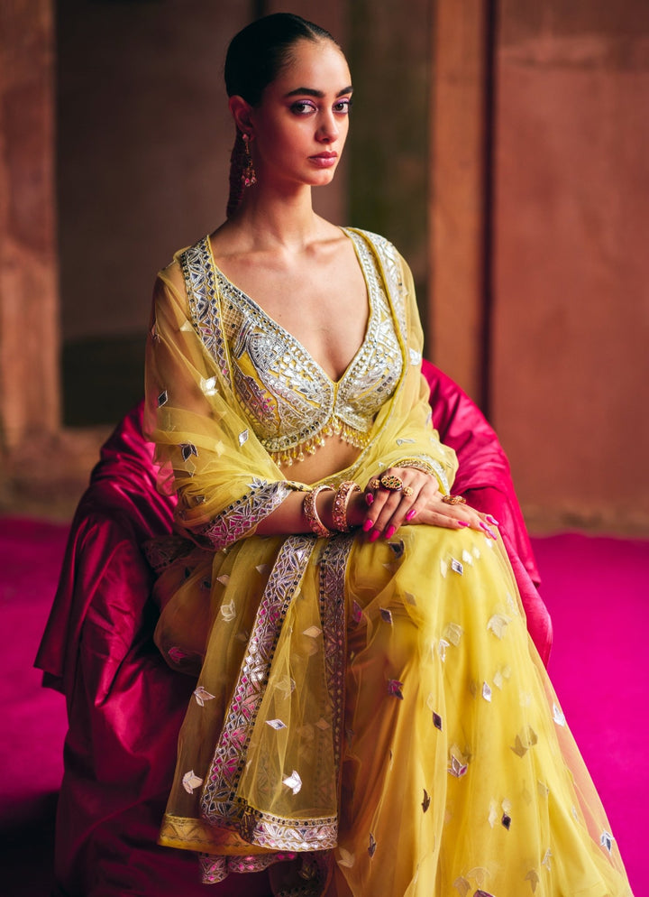 Yellow And Silver Mirrorwork And Gota Net Saree Angad Singh - Fabilicious Fashion