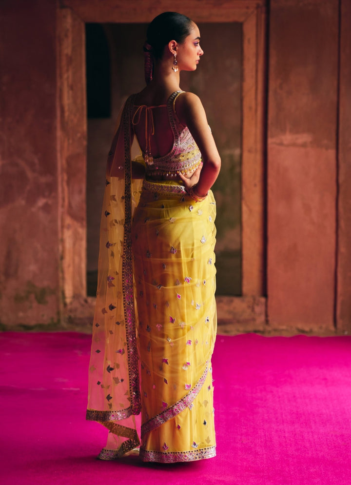 Yellow And Silver Mirrorwork And Gota Net Saree Angad Singh - Fabilicious Fashion