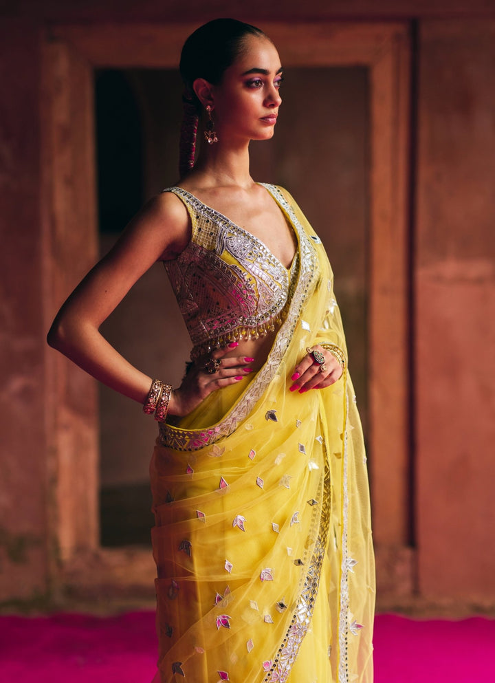 Yellow And Silver Mirrorwork And Gota Net Saree Angad Singh - Fabilicious Fashion