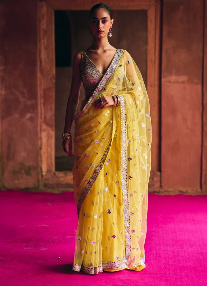 Yellow And Silver Mirrorwork And Gota Net Saree Angad Singh - Fabilicious Fashion