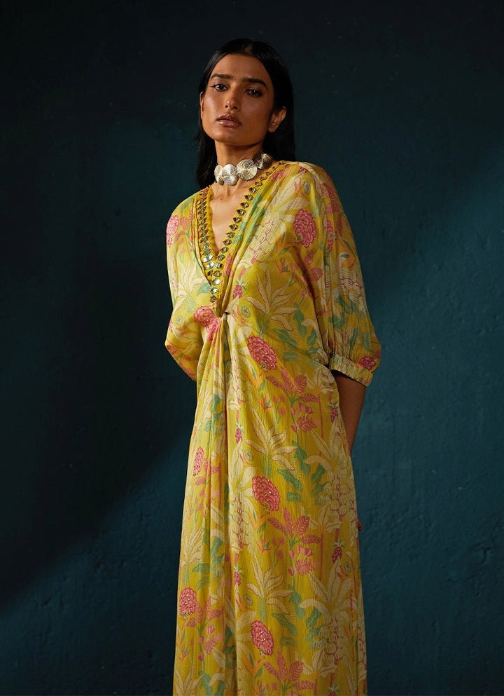 Yellow Cheerful Printed Chiffon Long Kaftan Basil Leaf - Fabilicious Fashion
