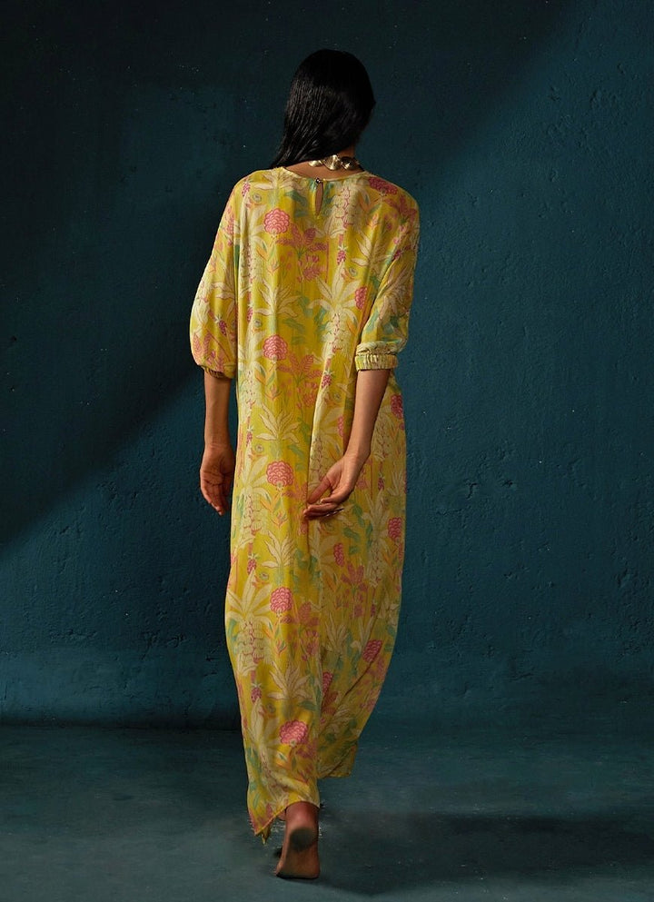 Yellow Cheerful Printed Chiffon Long Kaftan Basil Leaf - Fabilicious Fashion