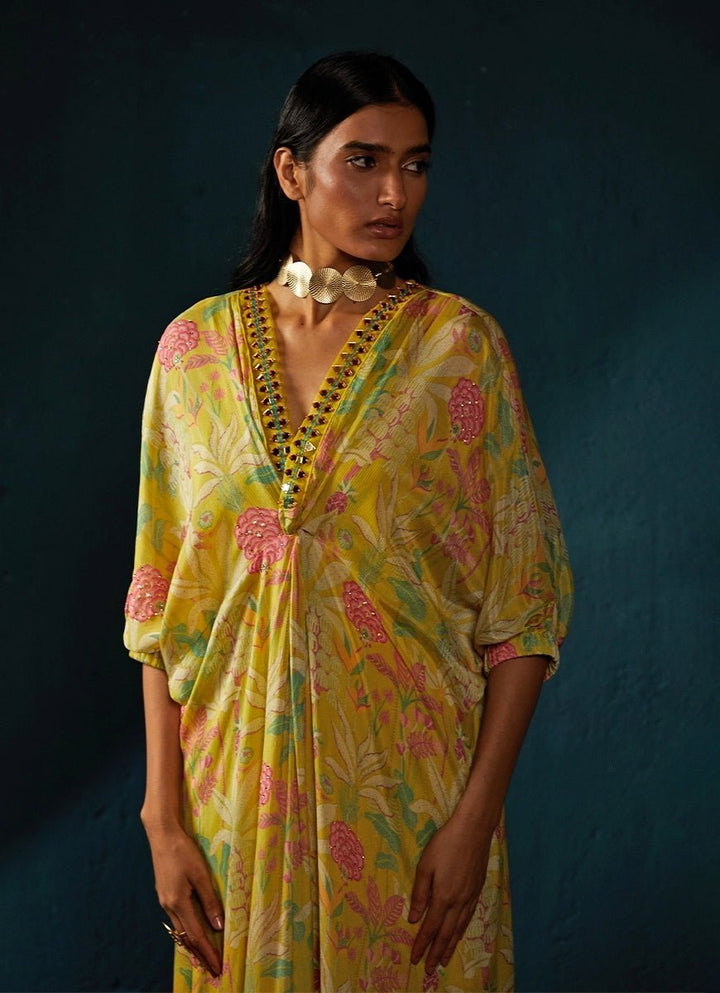 Yellow Cheerful Printed Chiffon Long Kaftan Basil Leaf - Fabilicious Fashion