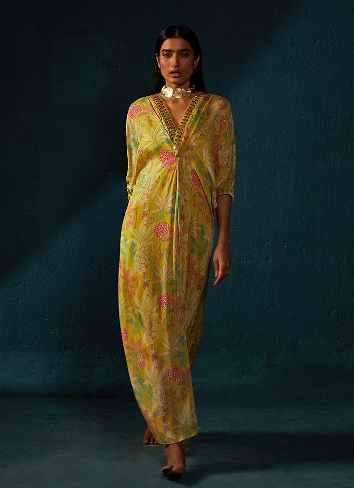 Yellow Cheerful Printed Chiffon Long Kaftan Basil Leaf - Fabilicious Fashion