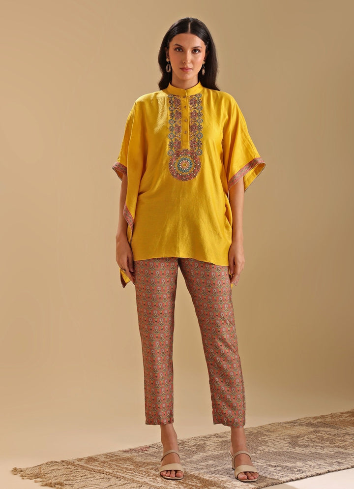 Yellow Embroidered Chanderi Kaftan Shirt And Pant Set Soup By Sougat Paul - Fabilicious Fashion