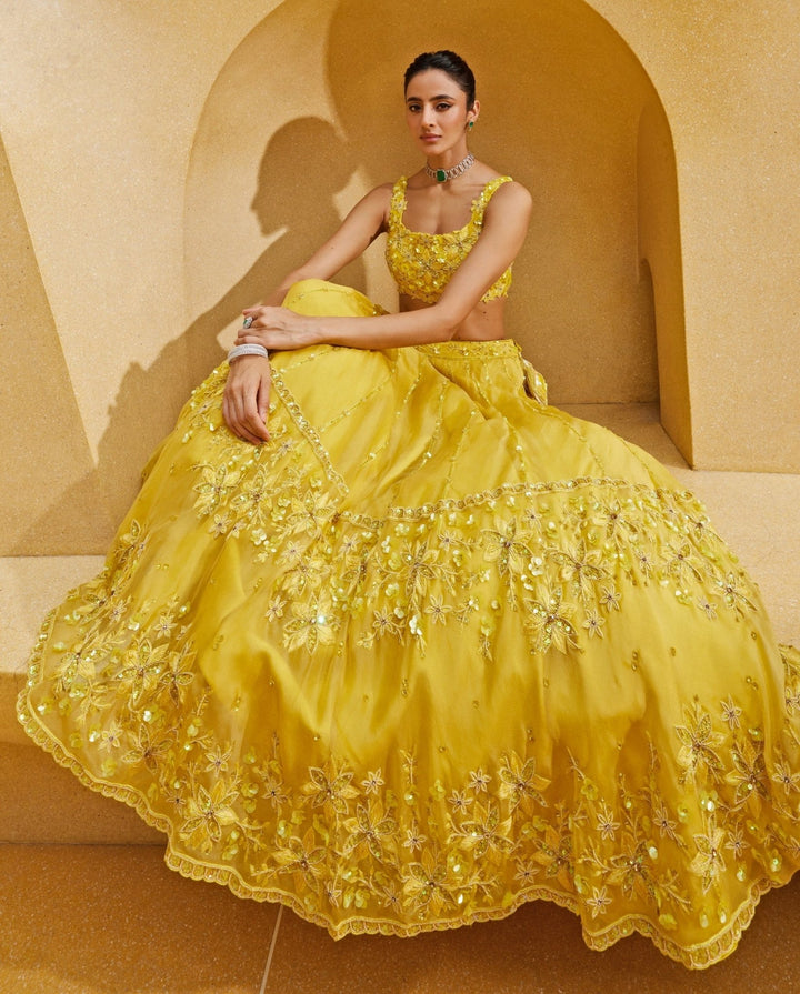 Yellow Embroidered Organza Lehenga Set Prevasu - Fabilicious Fashion