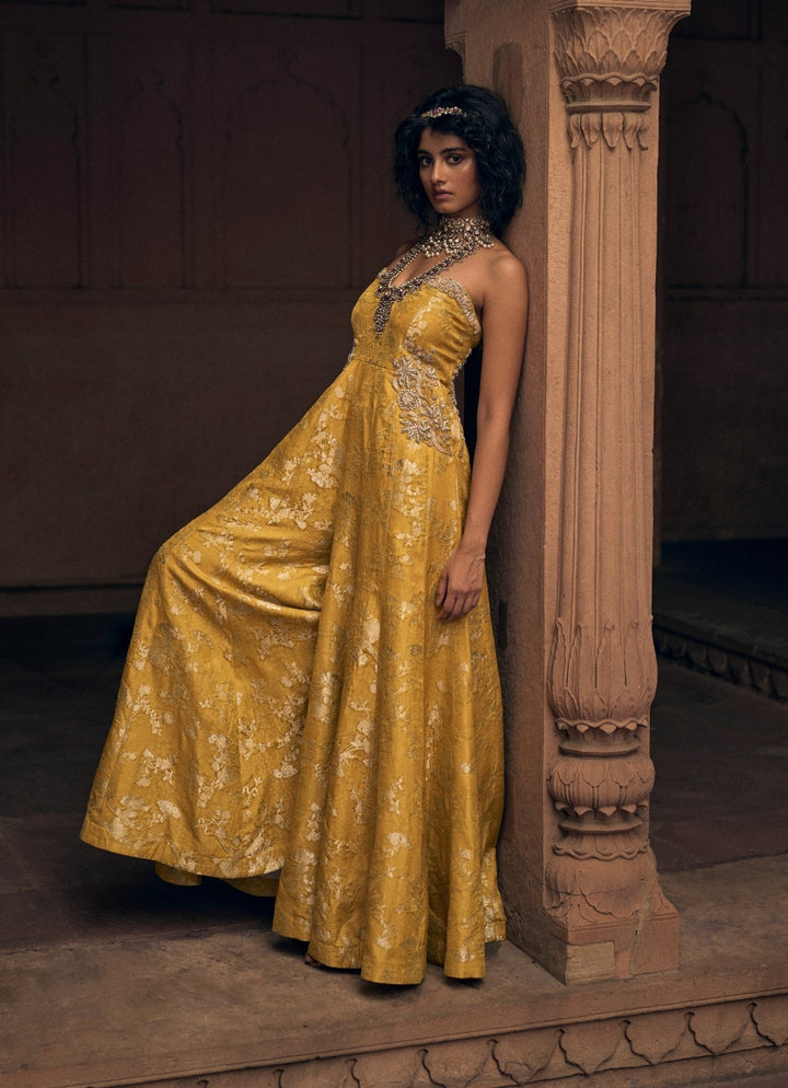 Yellow Jacquard Embroidered Jumpsuit Paulmi and Harsh - Fabilicious Fashion