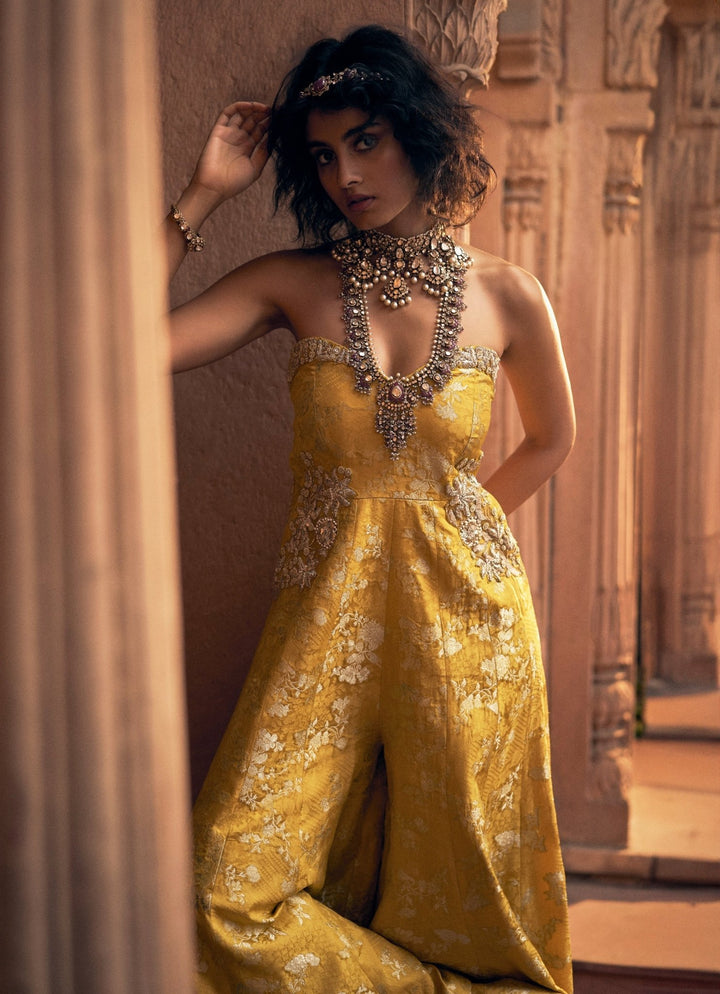 Yellow Jacquard Embroidered Jumpsuit Paulmi and Harsh - Fabilicious Fashion