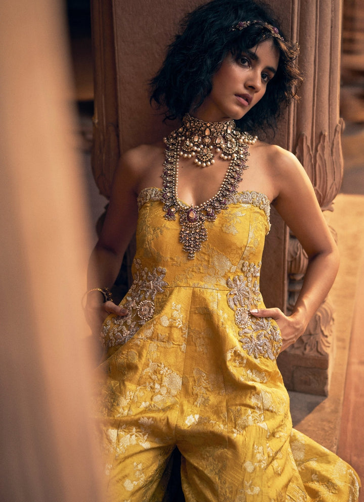 Yellow Jacquard Embroidered Jumpsuit Paulmi and Harsh - Fabilicious Fashion