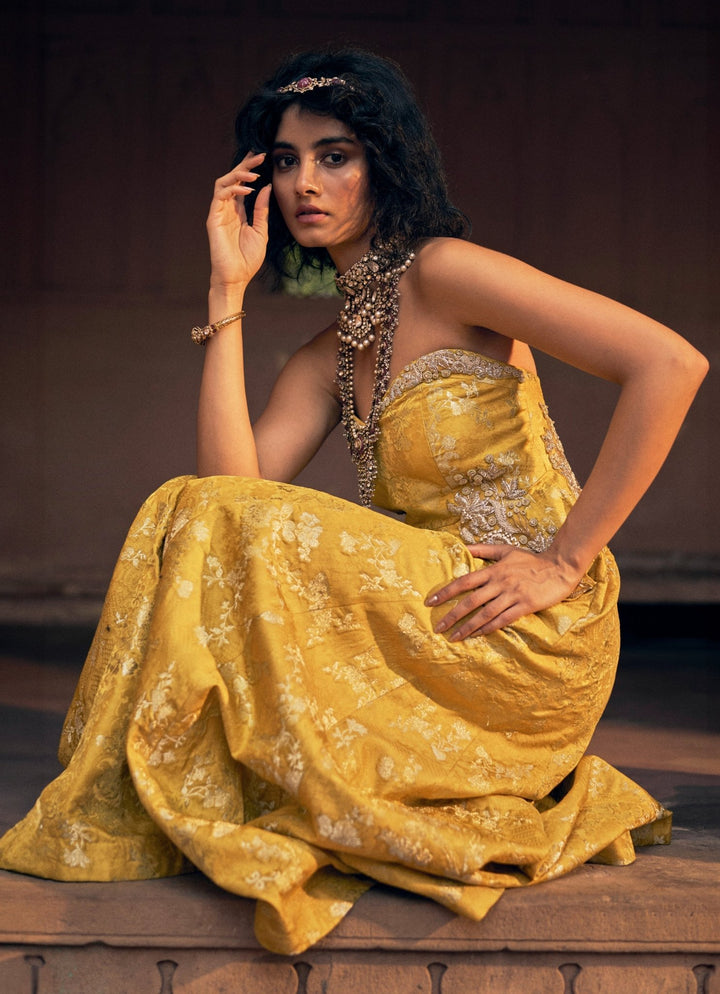 Yellow Jacquard Embroidered Jumpsuit Paulmi and Harsh - Fabilicious Fashion