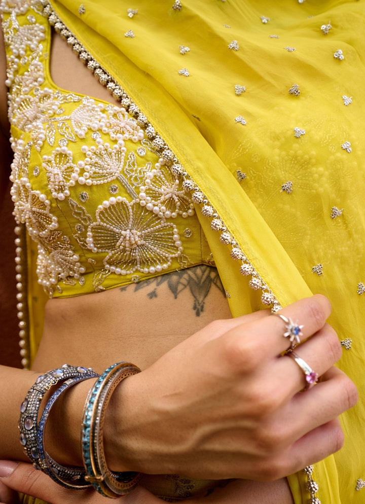 Yellow Jamewar Embellished Lehenga set Chamee and Palak - Fabilicious Fashion