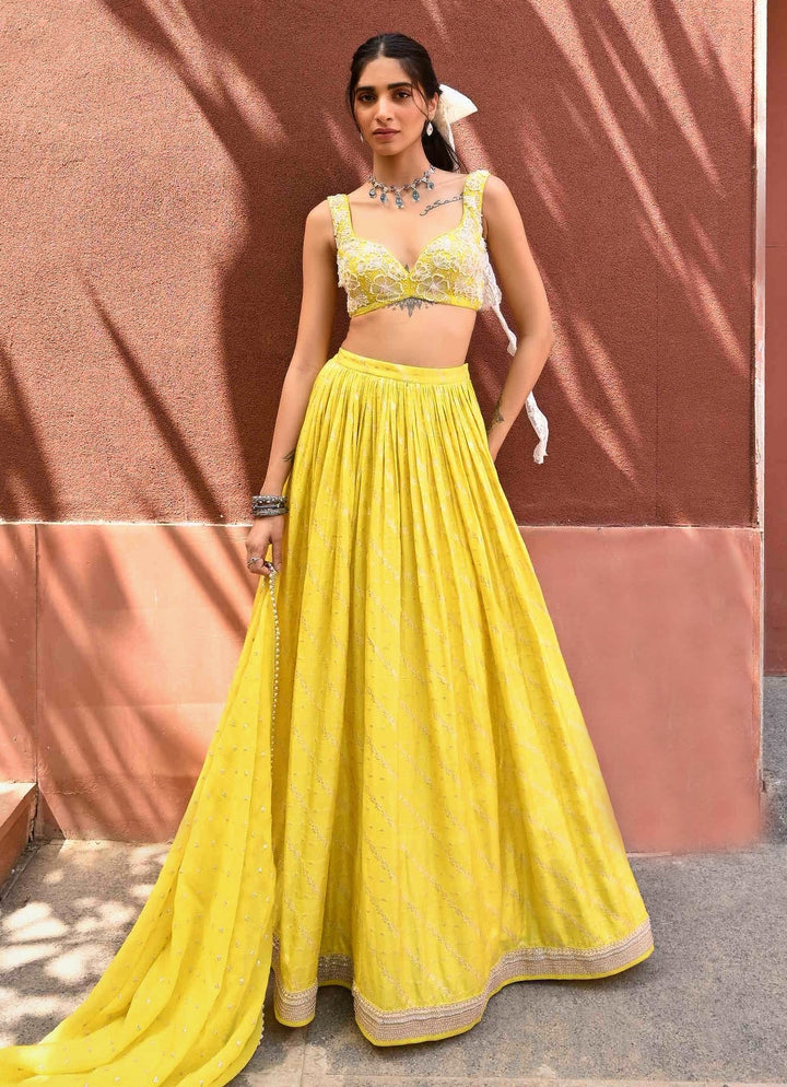 Yellow Jamewar Embellished Lehenga set Chamee and Palak - Fabilicious Fashion