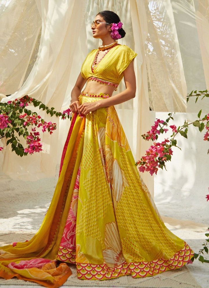 Yellow Knotted And Floral Printed Lehenga Set Basil Leaf - Fabilicious Fashion
