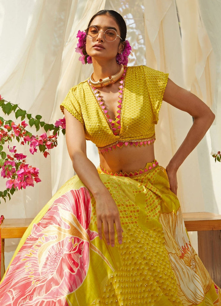 Yellow Knotted And Floral Printed Lehenga Set Basil Leaf - Fabilicious Fashion