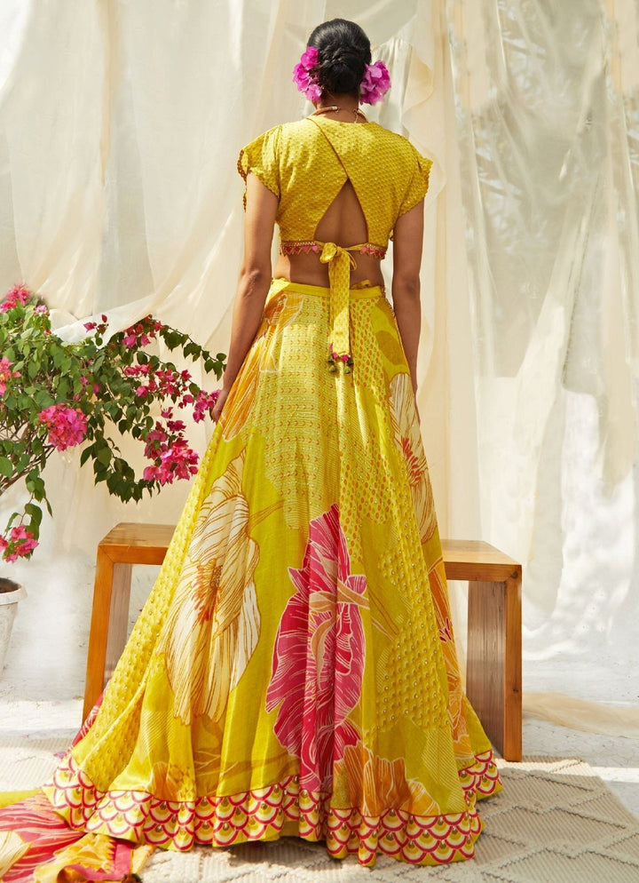 Yellow Knotted And Floral Printed Lehenga Set Basil Leaf - Fabilicious Fashion