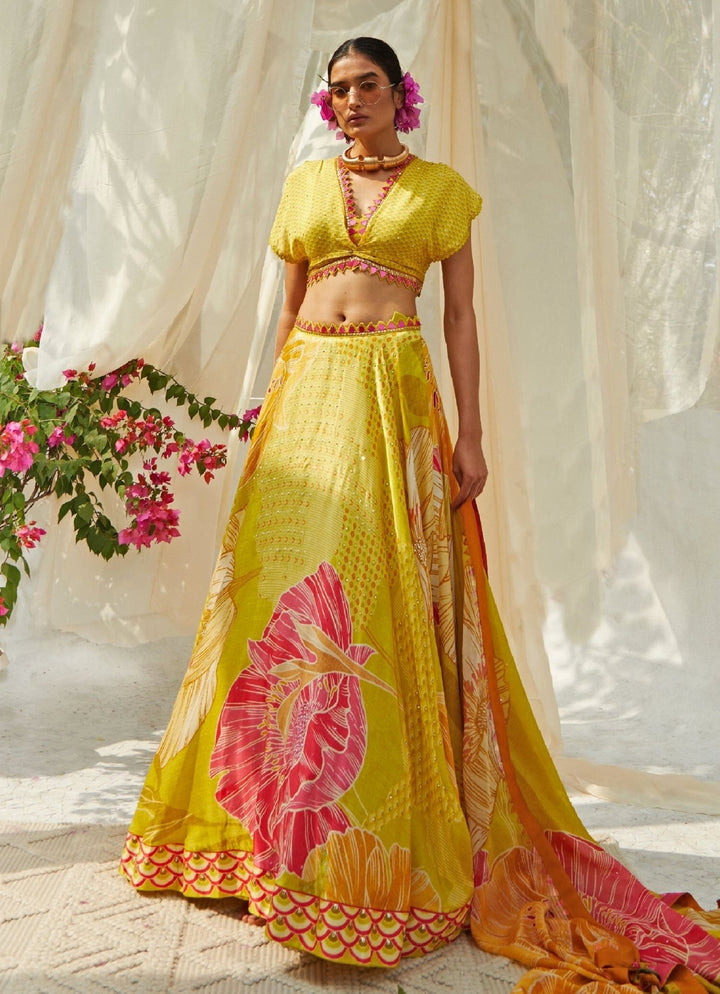Yellow Knotted And Floral Printed Lehenga Set Basil Leaf - Fabilicious Fashion
