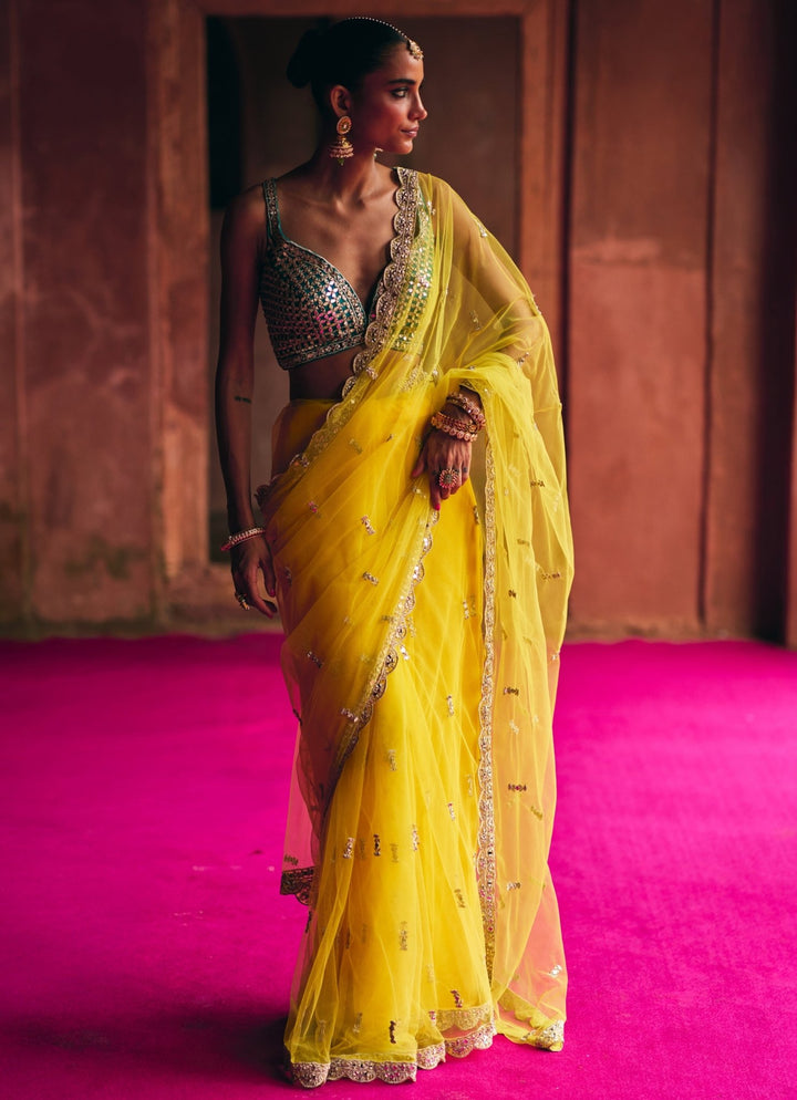 Yellow Mirrorwork Net Saree With Teal Blue Mirror Blouse Angad Singh - Fabilicious Fashion