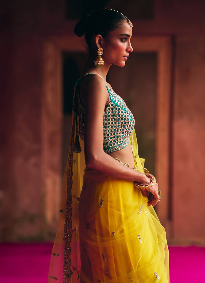 Yellow Mirrorwork Net Saree With Teal Blue Mirror Blouse Angad Singh - Fabilicious Fashion