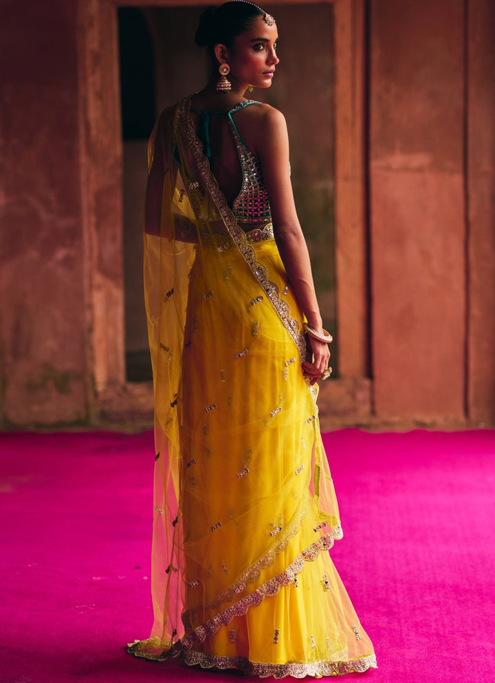 Yellow Mirrorwork Net Saree With Teal Blue Mirror Blouse Angad Singh - Fabilicious Fashion