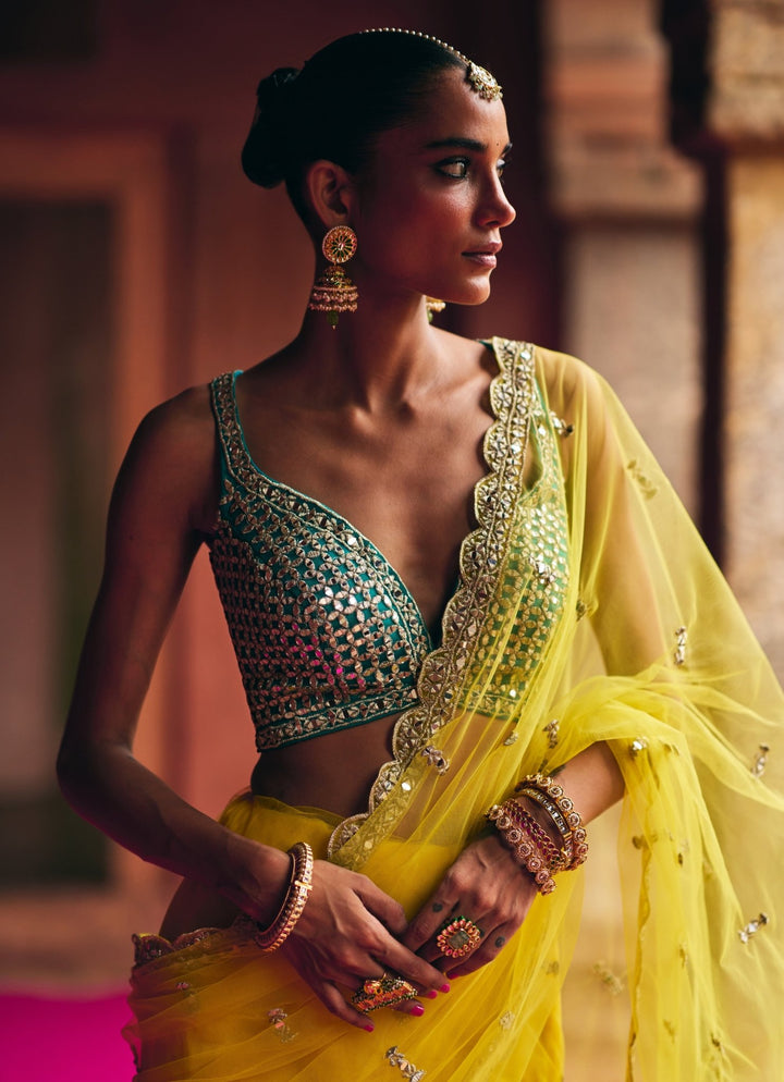 Yellow Mirrorwork Net Saree With Teal Blue Mirror Blouse Angad Singh - Fabilicious Fashion