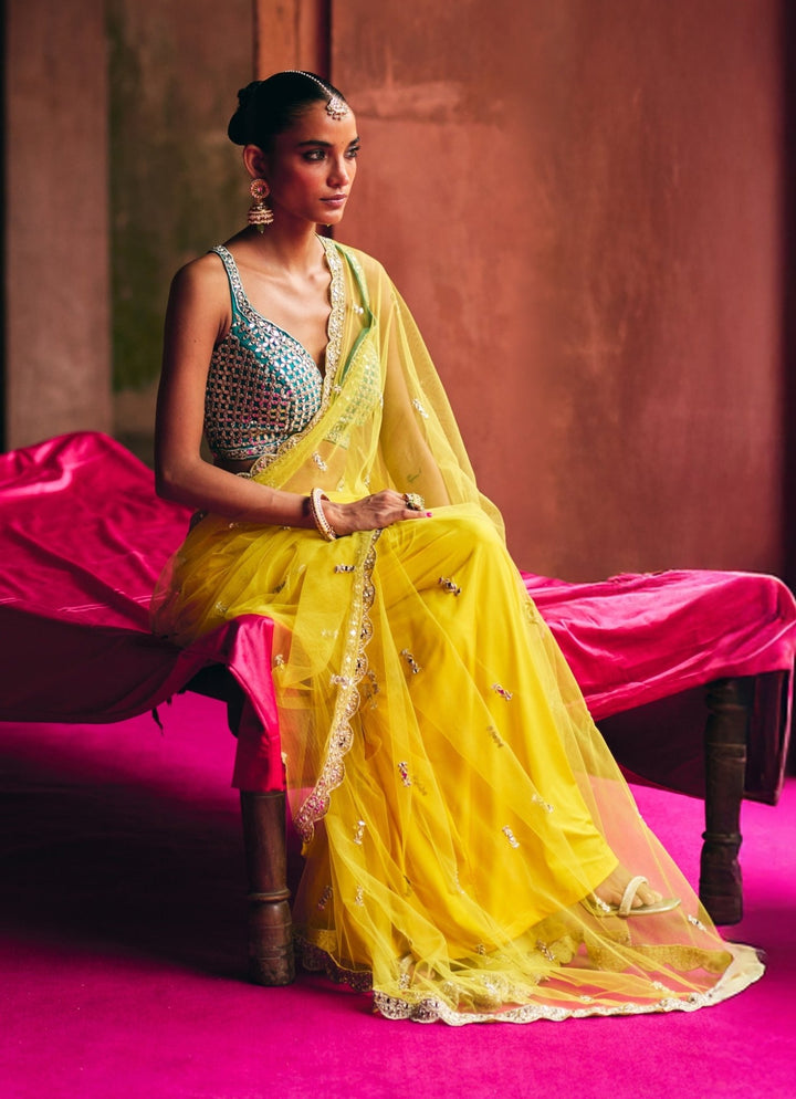 Yellow Mirrorwork Net Saree With Teal Blue Mirror Blouse Angad Singh - Fabilicious Fashion