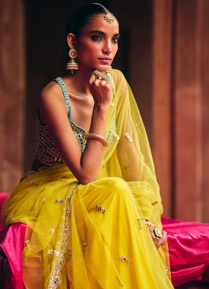 Yellow Mirrorwork Net Saree With Teal Blue Mirror Blouse Angad Singh - Fabilicious Fashion