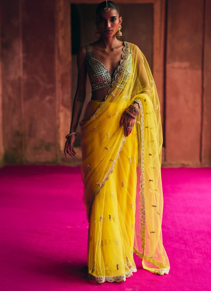 Yellow Mirrorwork Net Saree With Teal Blue Mirror Blouse Angad Singh - Fabilicious Fashion