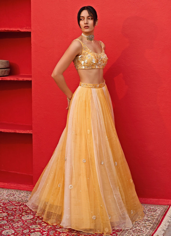 Yellow Ombre Embroidered Silk Organza Lehenga Zoon Tribe - Fabilicious Fashion
