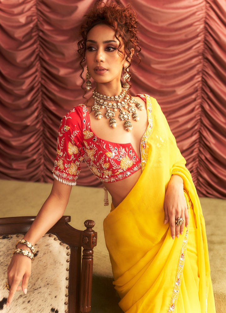 Yellow Organza Saree With Embroidered Blouse Seema Thukral - Fabilicious Fashion