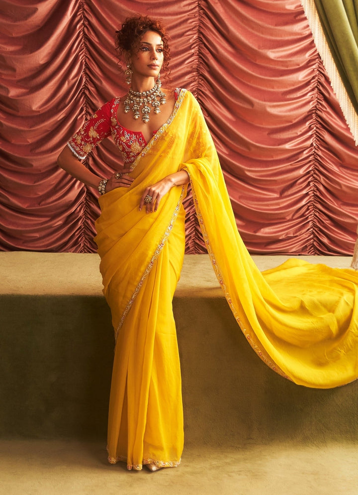 Yellow Organza Saree With Embroidered Blouse Seema Thukral - Fabilicious Fashion