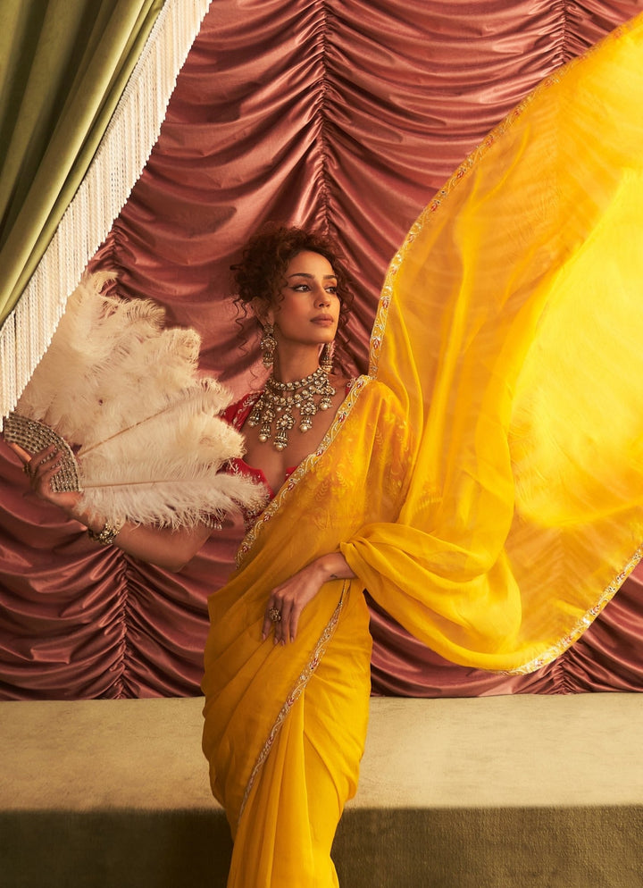Yellow Organza Saree With Embroidered Blouse Seema Thukral - Fabilicious Fashion