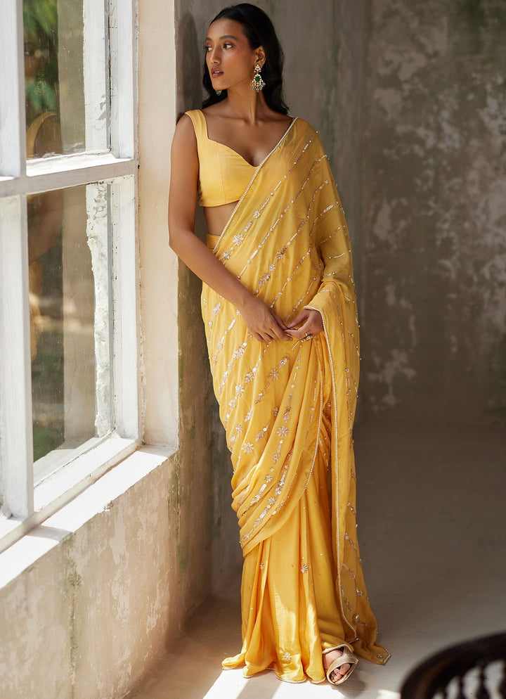 Yellow Pre - Stitched Satin and Chiffon Saree Zoon Tribe - Fabilicious Fashion