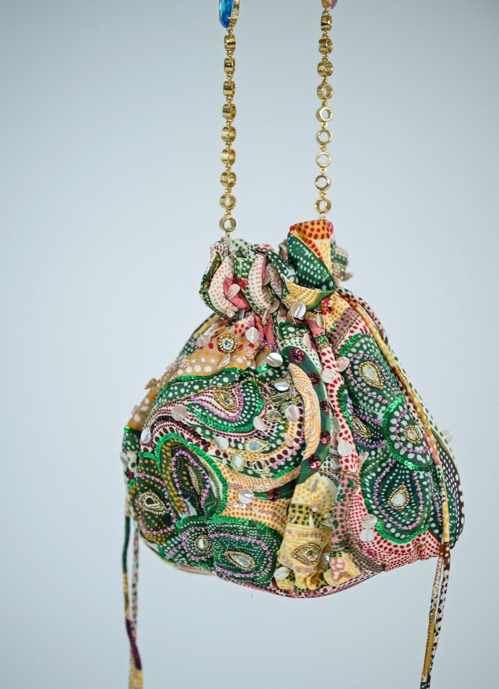 Yellow Printed Embroidered Potli - Add on Only Juhi Bengani - Fabilicious Fashion