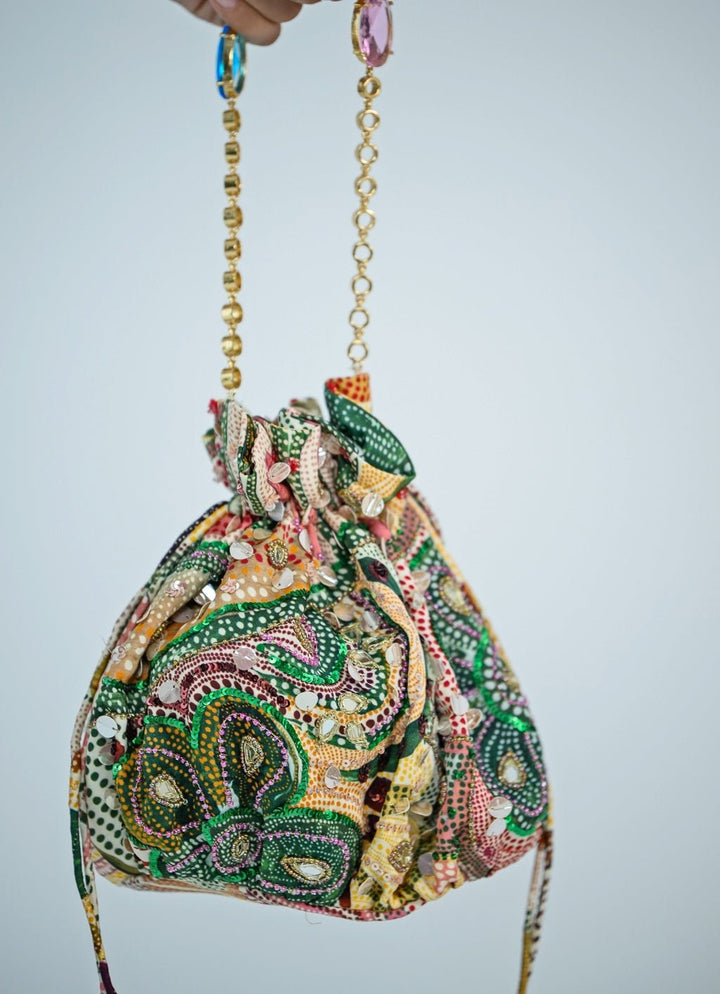 Yellow Printed Embroidered Potli - Add on Only Juhi Bengani - Fabilicious Fashion