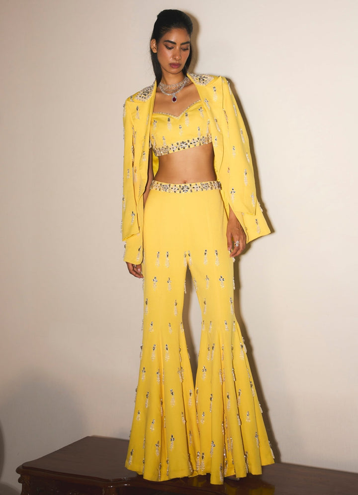 Yellow Sequins Embroidered Bustier Sharara Set With Jacket Mani Bhatia - Fabilicious Fashion