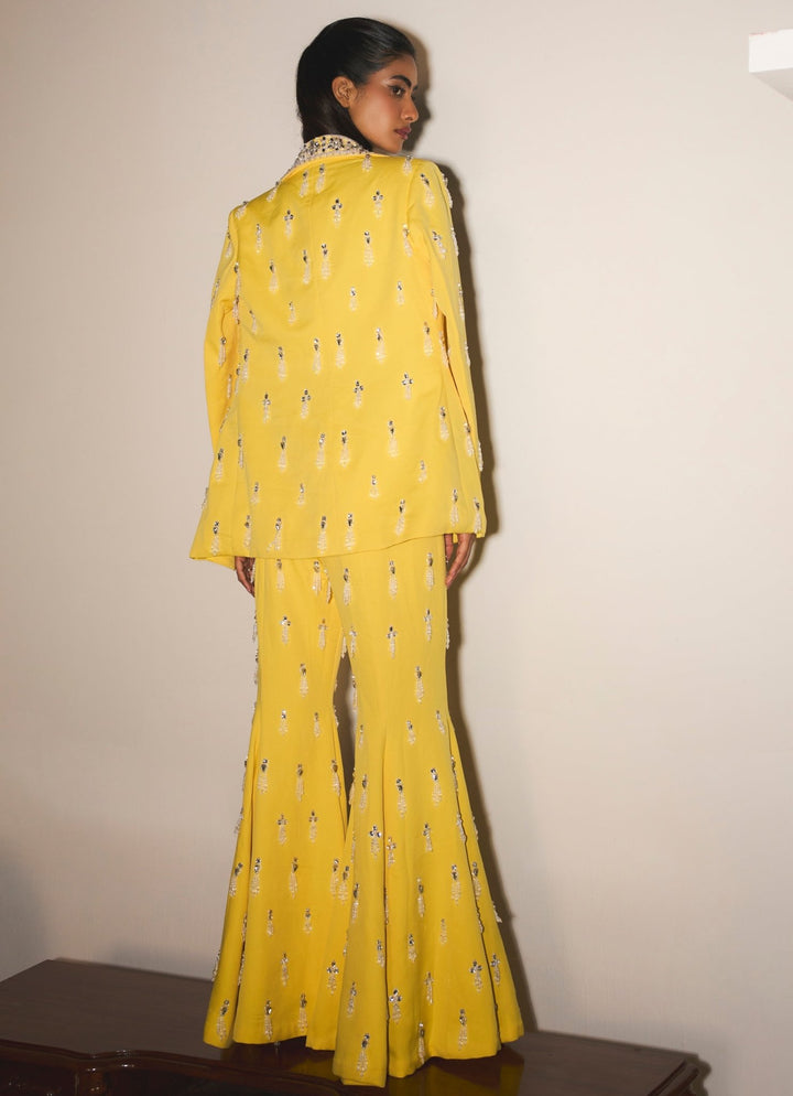 Yellow Sequins Embroidered Bustier Sharara Set With Jacket Mani Bhatia - Fabilicious Fashion